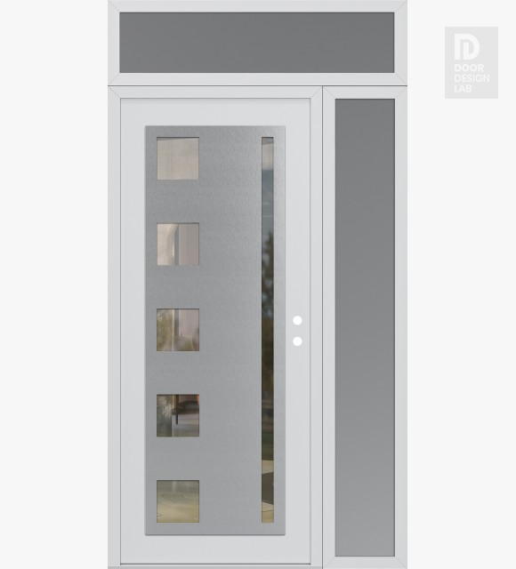 Modern Steel Front Door Diamond C3 50" x 96" white/white clear Glass Panel stainless steel LHI with Sidelite and Transom frosted Glass