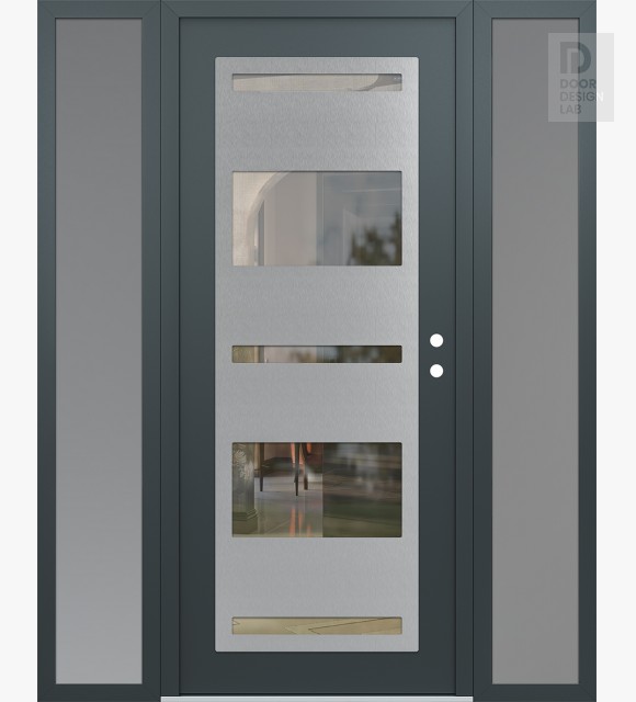 Modern Steel Front Door Diamond C10 64" x 80" anthracite/anthracite clear Glass Panel stainless steel LHI with 2 Sidelites frosted Glass