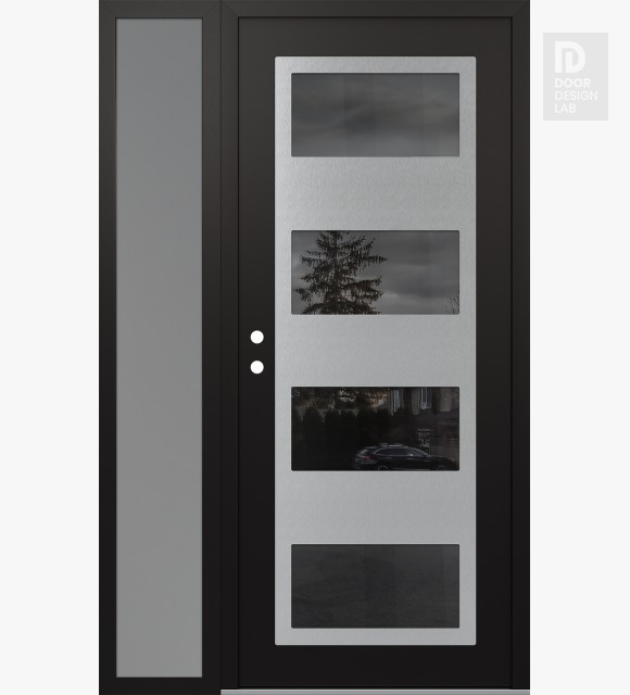 Modern Steel Front Door Diamond C2 50" x 80" black/black mirrored Glass Panel stainless steel RHI with Sidelite frosted Glass
