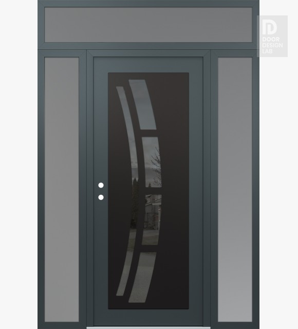 Modern Steel Front Door Diamond C12 60" x 96" anthracite/anthracite mirrored Glass Panel black RHI with 2 Sidelites and Transom frosted Glass