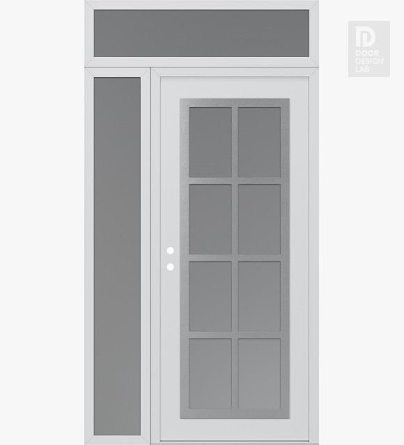 Modern Steel Front Door Diamond C16 50" x 96" white/white frosted Glass Panel stainless steel RHI with Sidelite and Transom frosted Glass