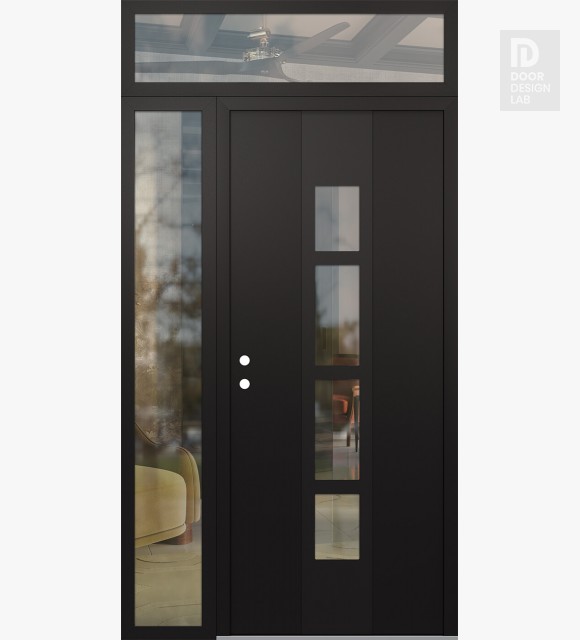 Modern Steel Front Door DIAMOND A10 48" X 96" BLACK/BLACK CLEAR GLASS PANEL BLACK RHI WITH SIDELITE AND TRANSOM CLEAR GLASS