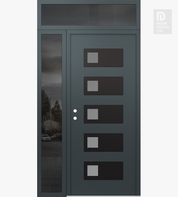 Modern Steel Front Door Diamond D2 50" x 96" anthracite/anthracite frosted Glass Panel black RHI with Sidelite and Transom mirrored Glass