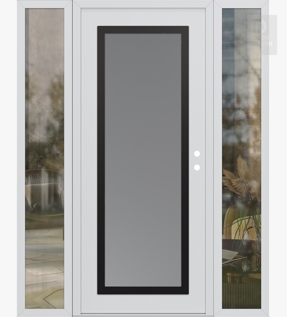 Modern Steel Front Door Diamond C1 68" x 80" white/white frosted Glass Panel black LHI with 2 Sidelites clear Glass