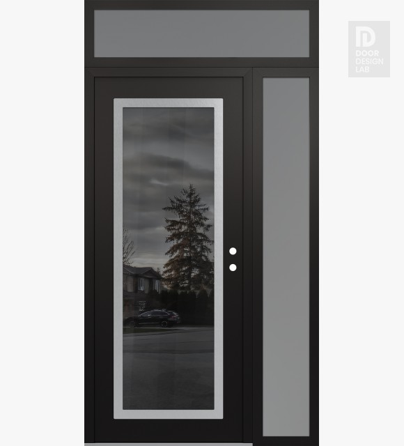 Modern Steel Front Door Diamond C1 48" x 96" black/black mirrored Glass Panel stainless steel LHI with Sidelite and Transom frosted Glass