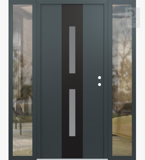 Modern Steel Front Door DIAMOND A6 68" X 80" ANTHRACITE/ANTHRACITE FROSTED GLASS PANEL BLACK LHI WITH 2 SIDELITES CLEAR GLASS