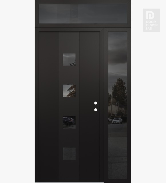 Modern Steel Front Door DIAMOND A12 48" X 96" BLACK/BLACK MIRRORED GLASS PANEL BLACK LHI WITH SIDELITE AND TRANSOM MIRRORED GLASS