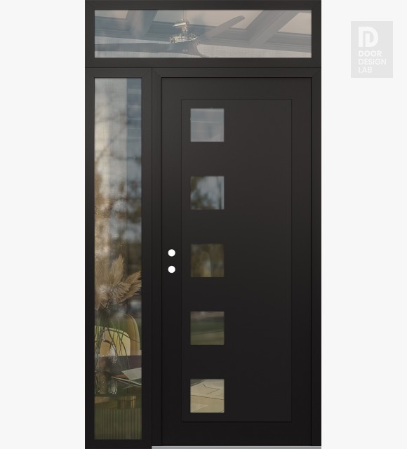 Modern Steel Front Door Diamond C5 48" x 96" black/black clear Glass Panel black RHI with Sidelite and Transom clear Glass