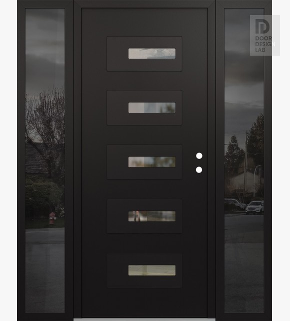 Modern Steel Front Door Diamond D6 64" x 80" black/black clear Glass Panel black LHI with 2 Sidelites mirrored Glass