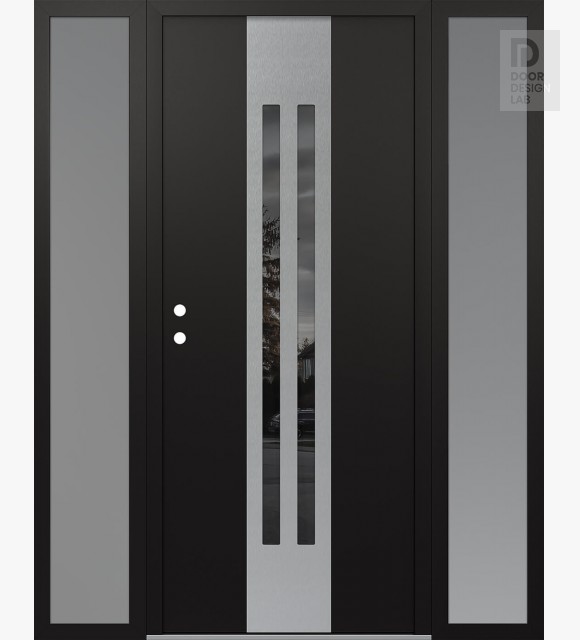 Modern Steel Front Door DIAMOND A8 60" X 80" BLACK/BLACK MIRRORED GLASS PANEL STAINLESS STEEL RHI WITH 2 SIDELITES FROSTED GLASS