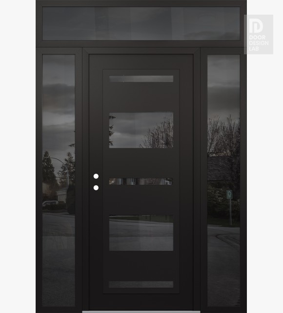 Modern Steel Front Door Diamond C10 64" x 96" black/black mirrored Glass Panel black RHI with 2 Sidelites and Transom mirrored Glass