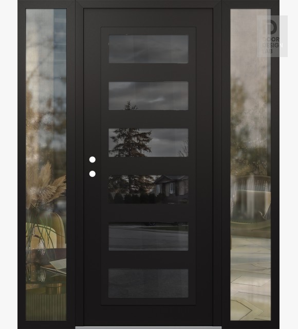 Modern Steel Front Door Diamond C9 68" x 80" black/black mirrored Glass Panel black RHI with 2 Sidelites clear Glass