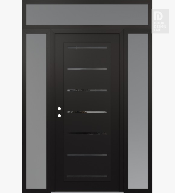 Modern Steel Front Door Diamond C11 64" x 96" black/black mirrored Glass Panel black RHI with 2 Sidelites and Transom frosted Glass