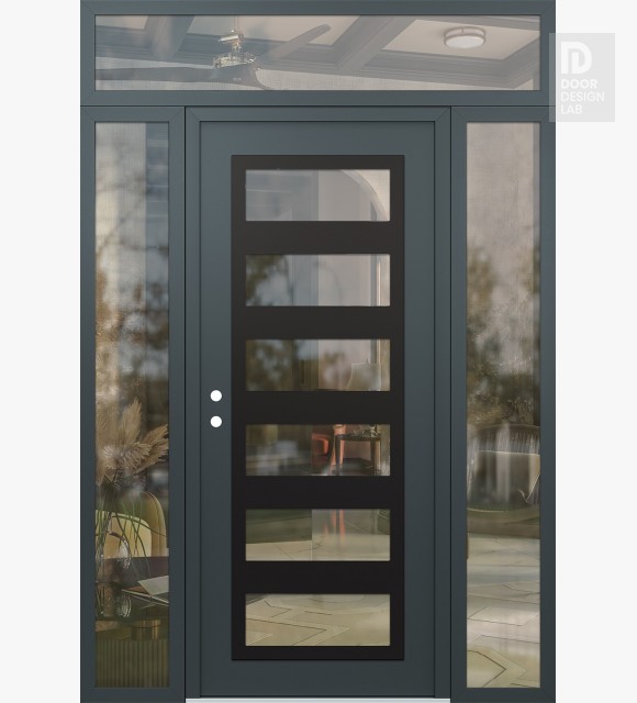 Modern Steel Front Door Diamond C9 68" x 96" anthracite/anthracite clear Glass Panel black RHI with 2 Sidelites and Transom clear Glass