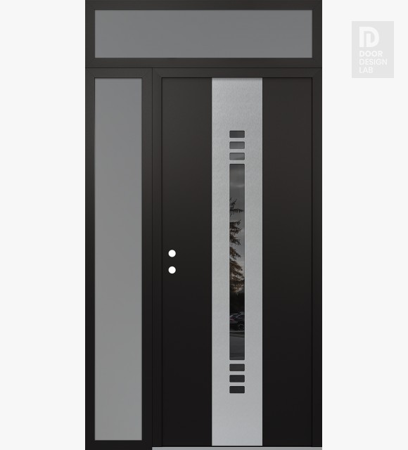 Modern Steel Front Door DIAMOND A5 48" X 96" BLACK/BLACK MIRRORED GLASS PANEL STAINLESS STEEL RHI WITH SIDELITE AND TRANSOM FROSTED GLASS
