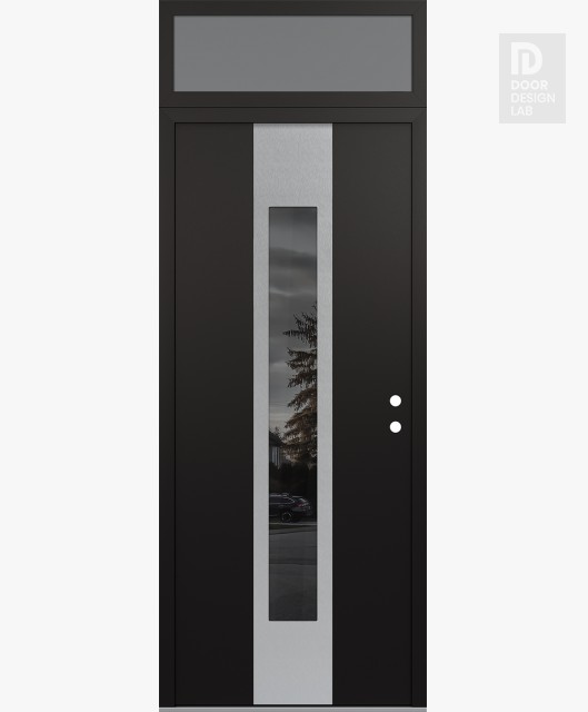 Modern Steel Front Door DIAMOND A1 36" X 96" BLACK/BLACK MIRRORED GLASS PANEL STAINLESS STEEL LHI WITH TRANSOM FROSTED GLASS