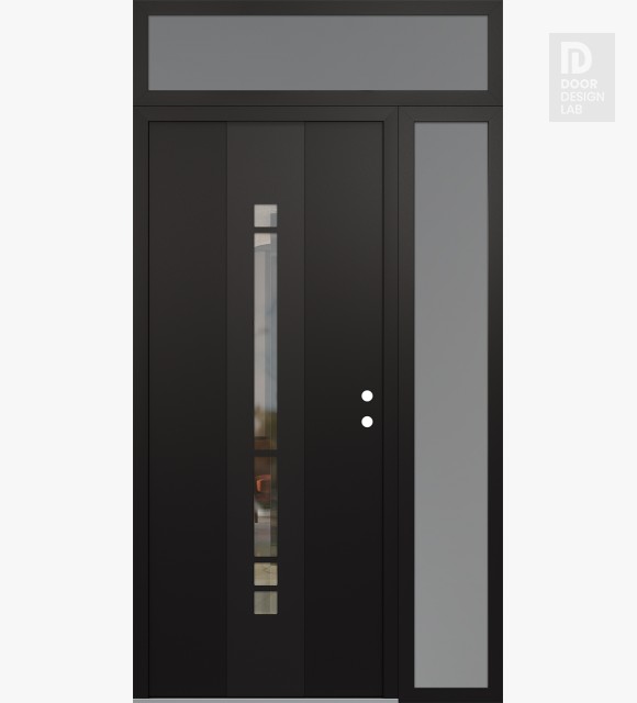 Modern Steel Front Door DIAMOND A3 48" X 96" BLACK/BLACK CLEAR GLASS PANEL BLACK LHI WITH SIDELITE AND TRANSOM FROSTED GLASS