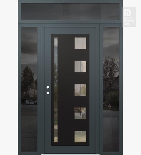 Modern Steel Front Door Diamond C3 68" x 96" anthracite/anthracite clear Glass Panel black RHI with 2 Sidelites and Transom mirrored Glass