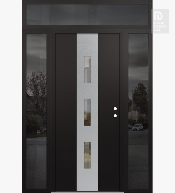 Modern Steel Front Door DIAMOND A7 68" X 96" BLACK/BLACK CLEAR GLASS PANEL STAINLESS STEEL LHI WITH 2 SIDELITES AND TRANSOM MIRRORED GLASS
