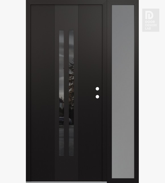 Modern Steel Front Door DIAMOND A8 50" X 80" BLACK/BLACK MIRRORED GLASS PANEL BLACK LHI WITH SIDELITE FROSTED GLASS