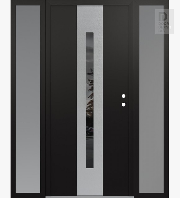 Modern Steel Front Door DIAMOND A2 60" X 80" BLACK/BLACK MIRRORED GLASS PANEL STAINLESS STEEL LHI WITH 2 SIDELITES FROSTED GLASS