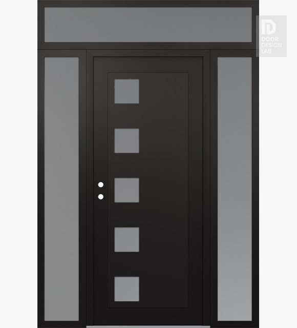 Modern Steel Front Door Diamond C5 60" x 96" black/white frosted Glass Panel black RHI with 2 Sidelites and Transom frosted Glass