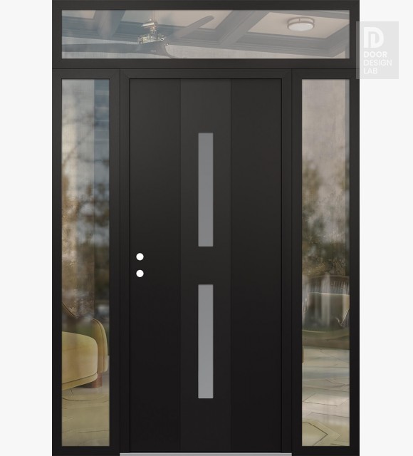 Modern Steel Front Door DIAMOND A6 64" X 96" BLACK/WHITE FROSTED GLASS PANEL BLACK RHI WITH 2 SIDELITES AND TRANSOM CLEAR GLASS