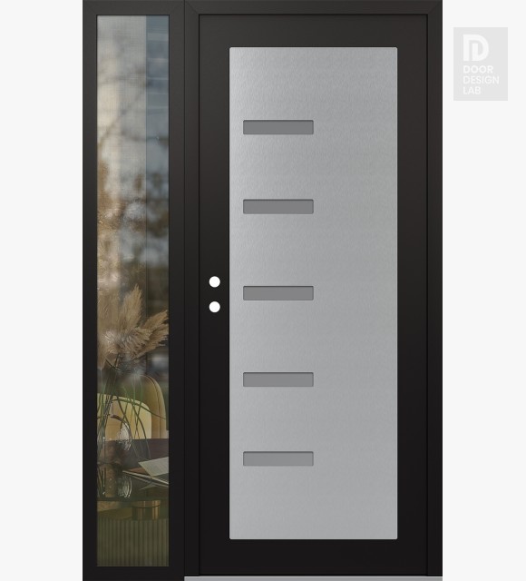 Modern Steel Front Door Diamond C8 50" x 80" black/white frosted Glass Panel stainless steel RHI with Sidelite clear Glass