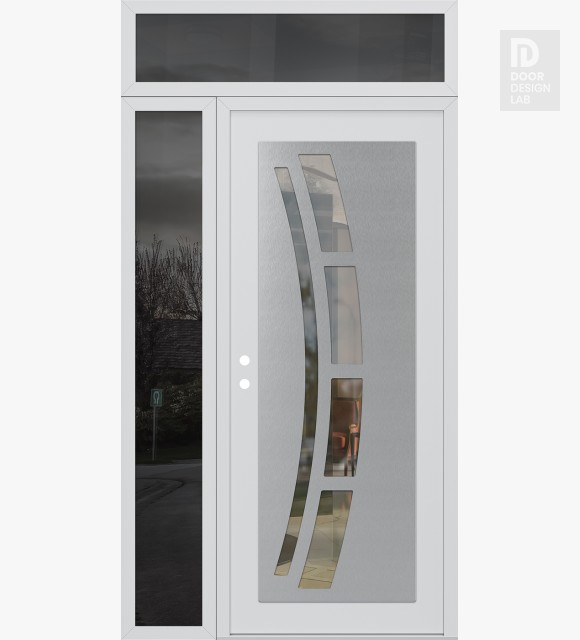 Modern Steel Front Door Diamond C12 52" x 96" white/white clear Glass Panel stainless steel RHI with Sidelite and Transom mirrored Glass