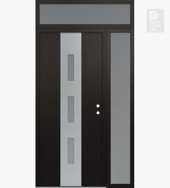 Modern Steel Front Door DIAMOND A7 48" X 96" BLACK/WHITE FROSTED GLASS PANEL STAINLESS STEEL LHI WITH SIDELITE AND TRANSOM FROSTED GLASS