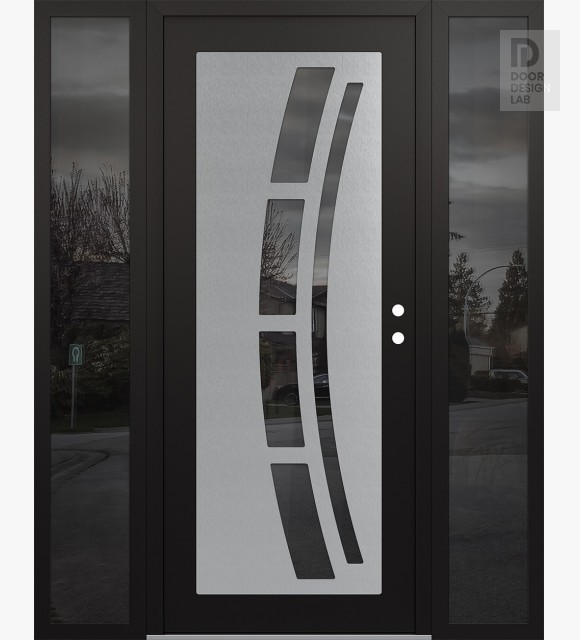 Modern Steel Front Door Diamond C12 60" x 80" black/black mirrored Glass Panel stainless steel LHI with 2 Sidelites mirrored Glass