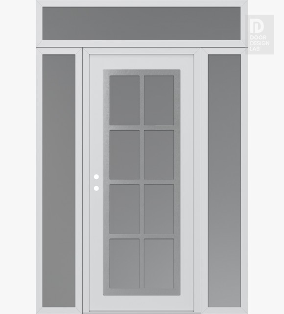Modern Steel Front Door Diamond C16 60" x 96" white/white frosted Glass Panel stainless steel RHI with 2 Sidelites and Transom frosted Glass