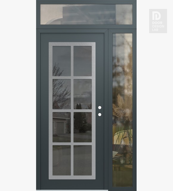 Modern Steel Front Door Diamond C16 48" x 96" anthracite/anthracite mirrored Glass Panel stainless steel LHI with Sidelite and Transom clear Glass