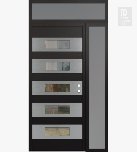 Modern Steel Front Door Diamond D5 48" x 96" black/black clear Glass Panel stainless steel LHI with Sidelite and Transom frosted Glass
