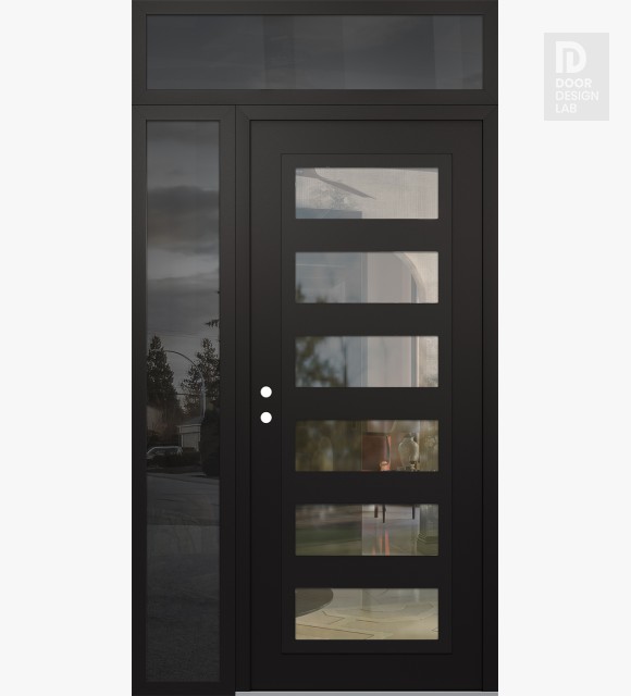 Modern Steel Front Door Diamond C9 50" x 96" black/black clear Glass Panel black RHI with Sidelite and Transom mirrored Glass