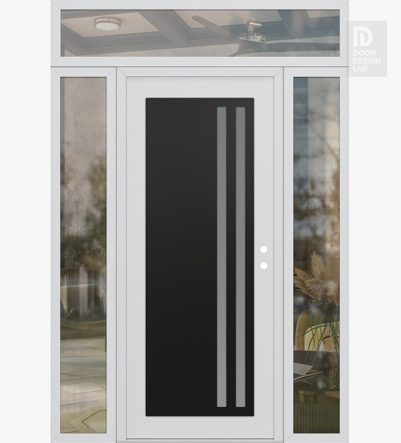 Modern Steel Front Door Diamond C6 60" x 96" white/white frosted Glass Panel black LHI with 2 Sidelites and Transom clear Glass