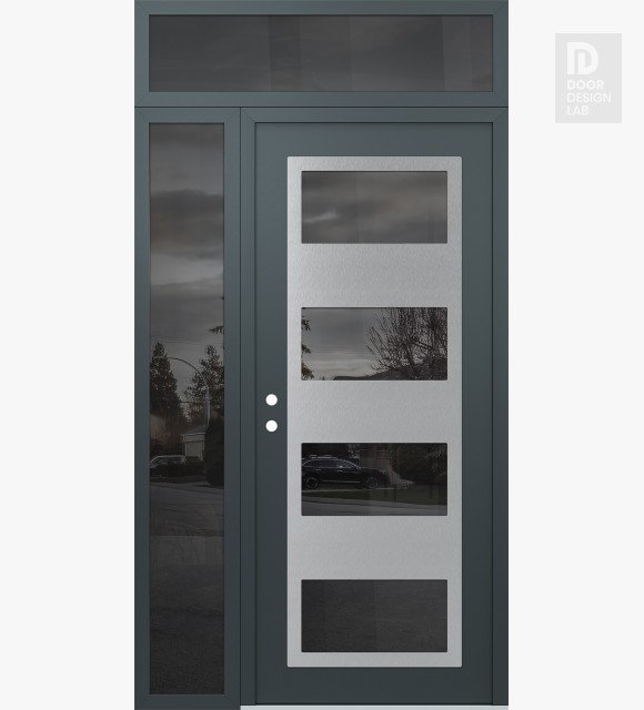 Modern Steel Front Door Diamond C2 48" x 96" anthracite/anthracite mirrored Glass Panel stainless steel RHI with Sidelite and Transom mirrored Glass
