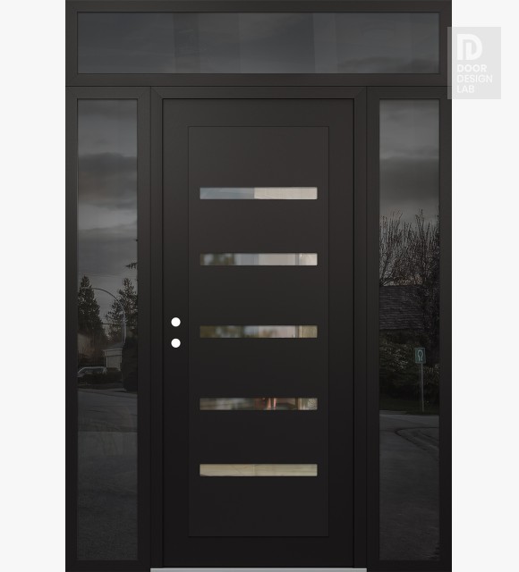 Modern Steel Front Door Diamond C7 64" x 96" black/black clear Glass Panel black RHI with 2 Sidelites and Transom mirrored Glass