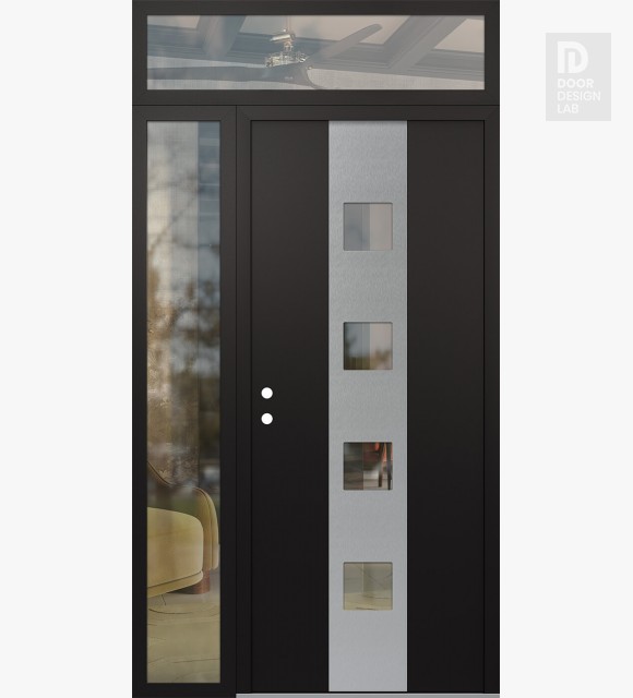 Modern Steel Front Door DIAMOND A12 48" X 96" BLACK/BLACK CLEAR GLASS PANEL STAINLESS STEEL RHI WITH SIDELITE AND TRANSOM CLEAR GLASS
