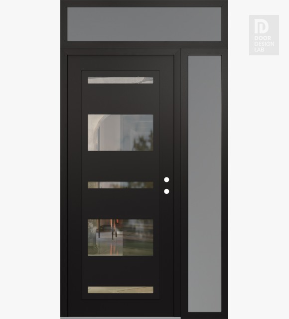 Modern Steel Front Door Diamond C10 50" x 96" black/black clear Glass Panel black LHI with Sidelite and Transom frosted Glass