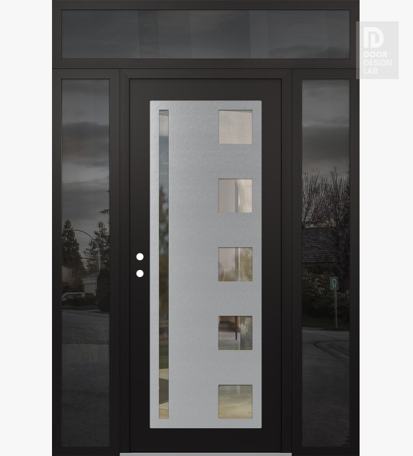 Modern Steel Front Door Diamond C3 60" x 96" black/black clear Glass Panel stainless steel RHI with 2 Sidelites and Transom mirrored Glass