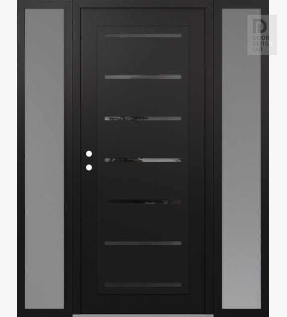 Modern Steel Front Door Diamond C11 60" x 80" black/black mirrored Glass Panel black RHI with 2 Sidelites frosted Glass