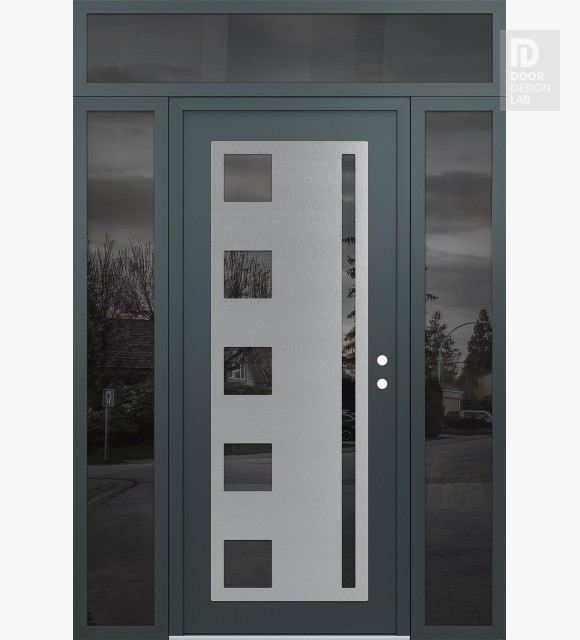 Modern Steel Front Door Diamond C3 64" x 96" anthracite/anthracite mirrored Glass Panel stainless steel LHI with 2 Sidelites and Transom mirrored Glass