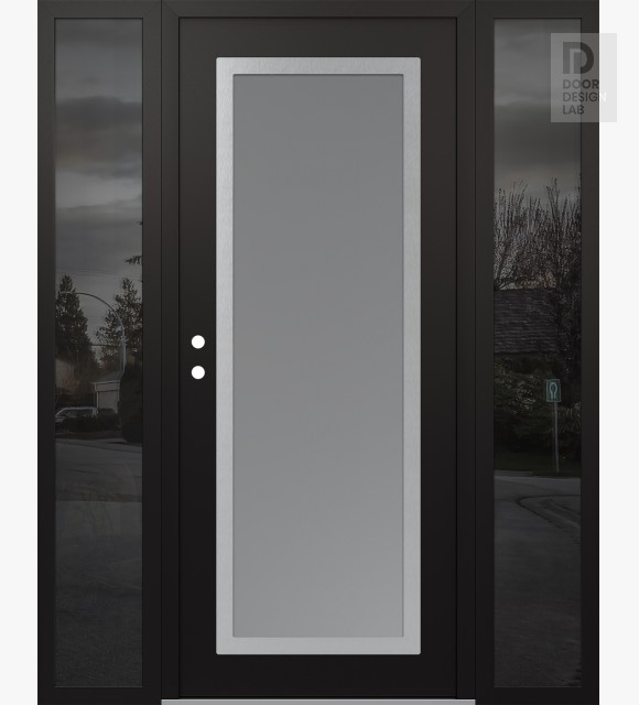 Modern Steel Front Door Diamond C1 60" x 80" black/white frosted Glass Panel stainless steel RHI with 2 Sidelites mirrored Glass