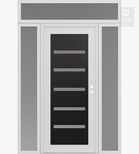 Modern Steel Front Door Diamond C7 60" x 96" white/white frosted Glass Panel black LHI with 2 Sidelites and Transom frosted Glass