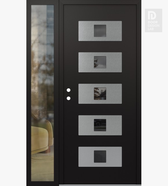 Modern Steel Front Door Diamond D8 50" x 80" black/black mirrored Glass Panel stainless steel RHI with Sidelite clear Glass