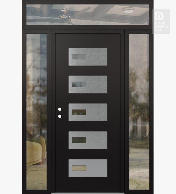 Modern Steel Front Door Diamond D7 64" x 96" black/black clear Glass Panel stainless steel RHI with 2 Sidelites and Transom clear Glass