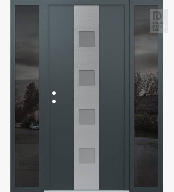 Modern Steel Front Door DIAMOND A12 68" X 80" ANTHRACITE/ANTHRACITE FROSTED GLASS PANEL STAINLESS STEEL RHI WITH 2 SIDELITES MIRRORED GLASS