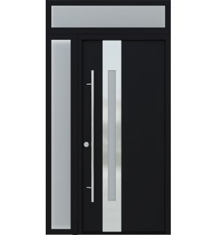 MODERN BLACK FRONT STEEL DOOR "ZEPHYR" 49 1/4" X 95 11/16" RIGHT HAND INSWING + SIDELITE LEFT/TRANSOM