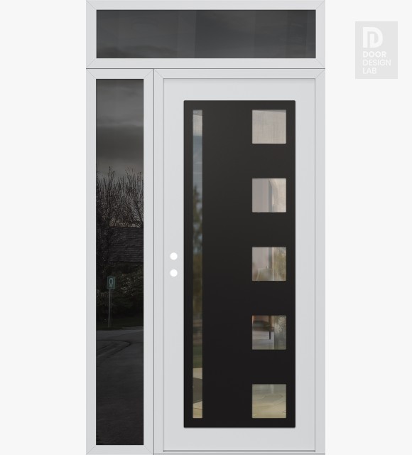 Modern Steel Front Door Diamond C3 52" x 96" white/white clear Glass Panel black RHI with Sidelite and Transom mirrored Glass
